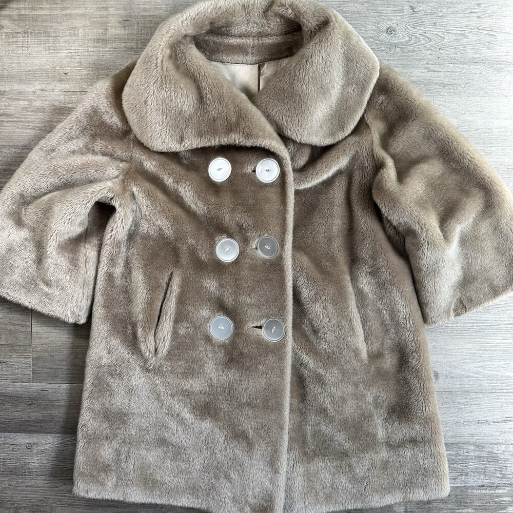 Vintage Faux Fur Coat Beige Double Breasted Large Collar S/M